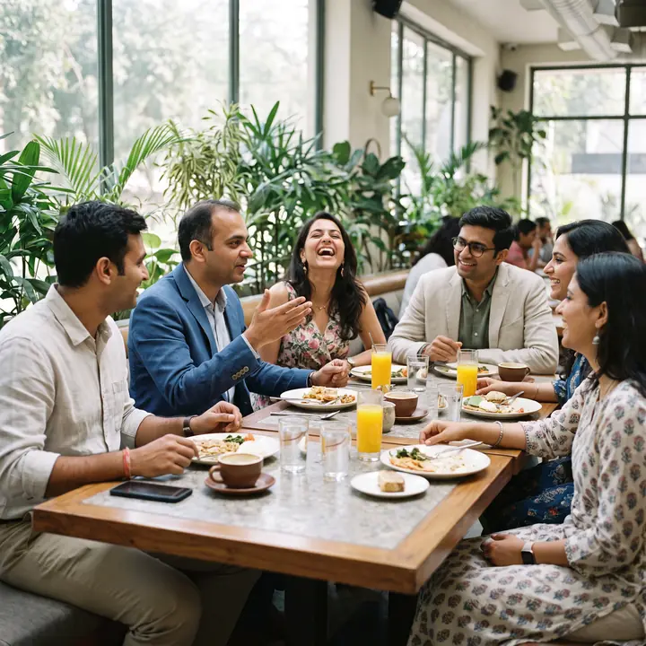 A table of six at lunch in a bright, plant-filled cafe, mid-laugh