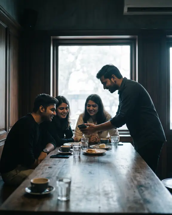 A dark-wood room, a few people at the end of a long table by a window