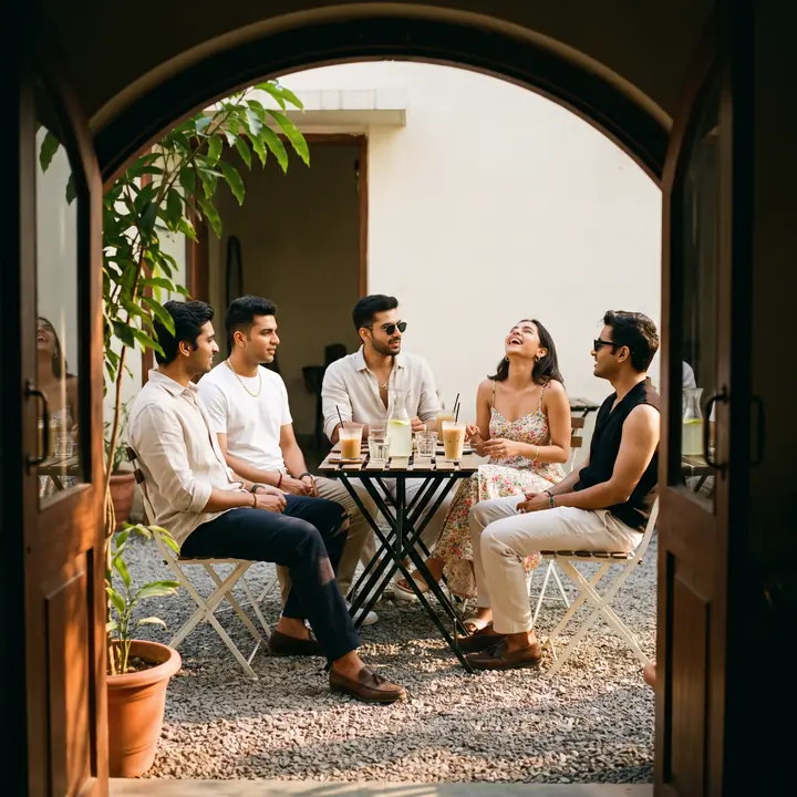 Through an arched doorway: five people round a small table in a sunlit courtyard