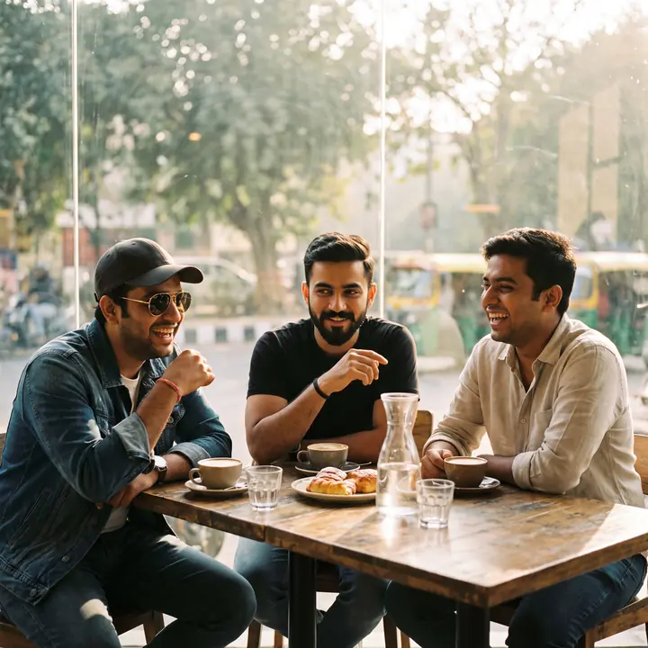 Three people laughing over coffee at a window table, the street behind them